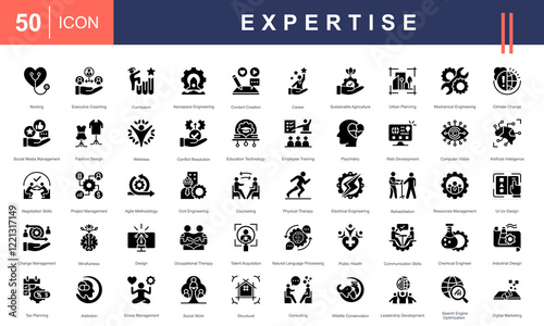Icons for various fields of Expertise, including engineering, coaching, education, wellness, management, technology, design, healthcare, and more. Perfect for professional development projects.