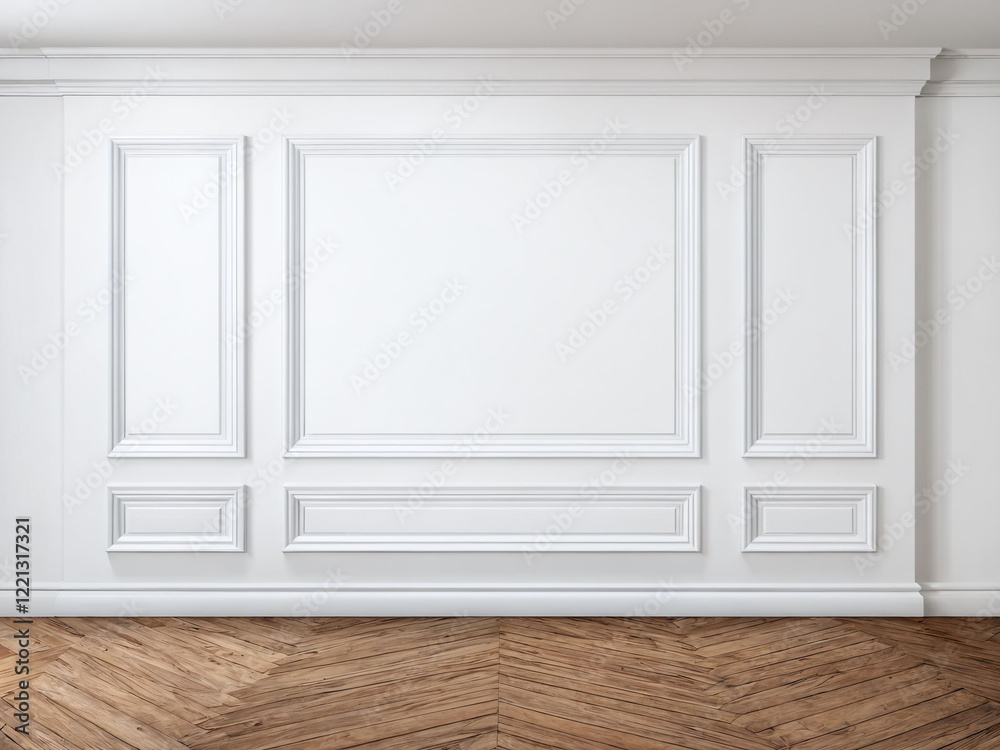 Clean white gallery wall with elegant moldings and wooden flooring in bright indoor space Clean white gallery wall with elegant moldings and wooden flooring in bright indoor space