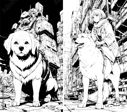 Set of two vector black and white vertical retro-futuristic images with anime dog