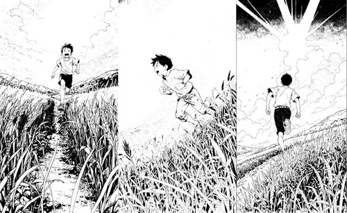 Set of three vector black and white vertical anime images with a boy running across a field