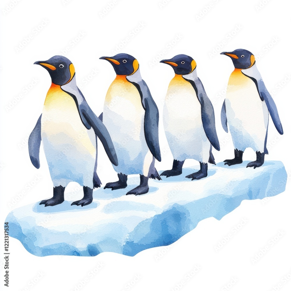 Fototapeta premium Watercolor penguins marching on ice arctic landscape digital art vibrant environment playful concept, isolated on white background