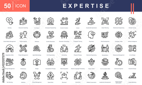 Icons for various fields of Expertise, including engineering, coaching, education, wellness, management, technology, design, healthcare, and more. Perfect for professional development projects.