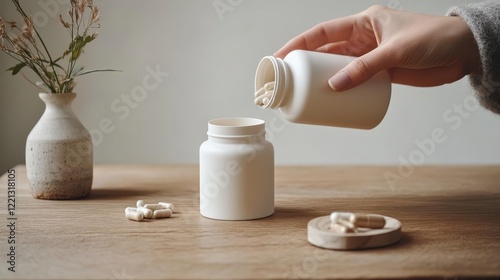 Person carefully pours capsules from a bottle onto a clean, minimalist surface, showcasing an organized approach to supplement use in a simple setting. photo