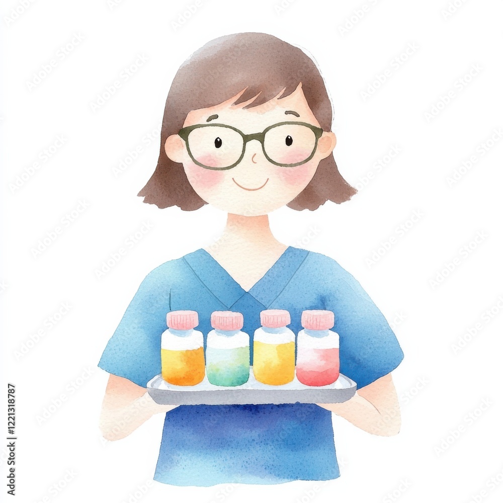 Watercolor illustration of a nurse holding medicine bottles healthcare environment bright and cheerful viewpoint, isolated on white background Watercolor illustration of a nurse holding medicine bottles healthcare environment bright and cheerful viewpoint, isolated on white background
