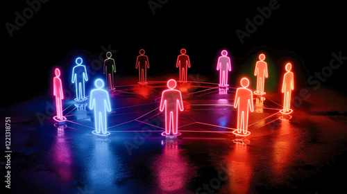  Bright neon silhouettes of people connected by glowing lines, representing networking, communication, and collaboration in a futuristic design..