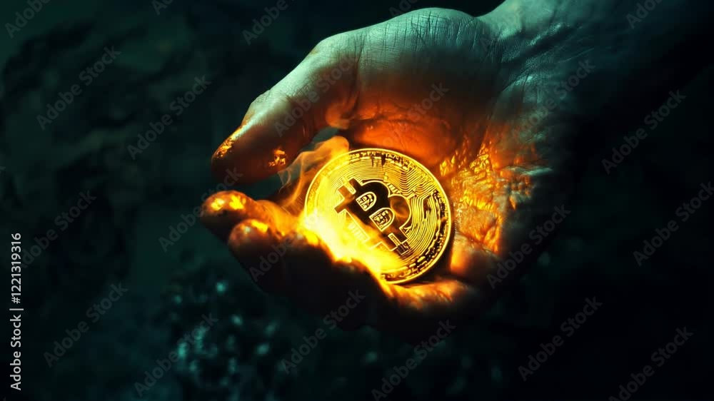 Hand gripping glowing bitcoin, symbolizing cryptocurrency investment volatility and potential financial risks