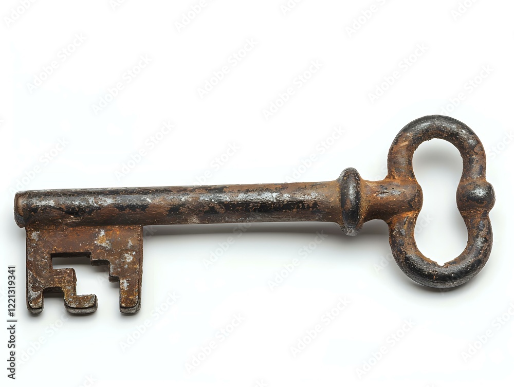 Antique rusty iron skeleton key isolated on white background, perfect for vintage design projects, security concepts, and historical illustrations. Antique rusty iron skeleton key isolated on white background, perfect for vintage design projects, security concepts, and historical illustrations.