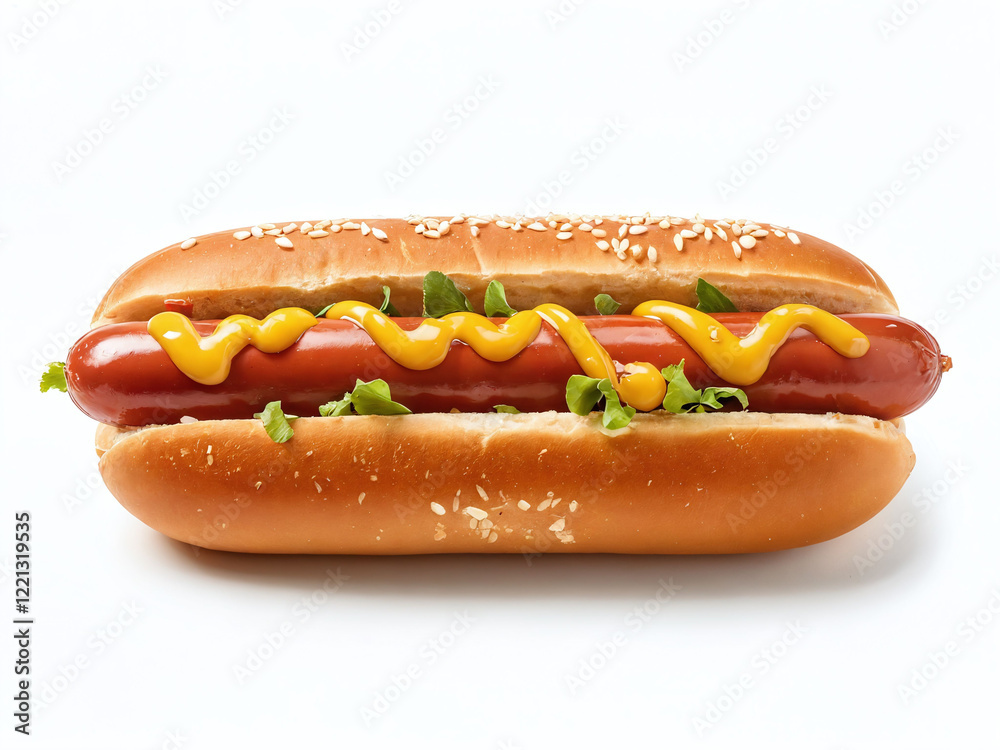 Delicious hot dog with mustard and fresh lettuce garnishing the sesame bun on a white surface Delicious hot dog with mustard and fresh lettuce garnishing the sesame bun on a white surface