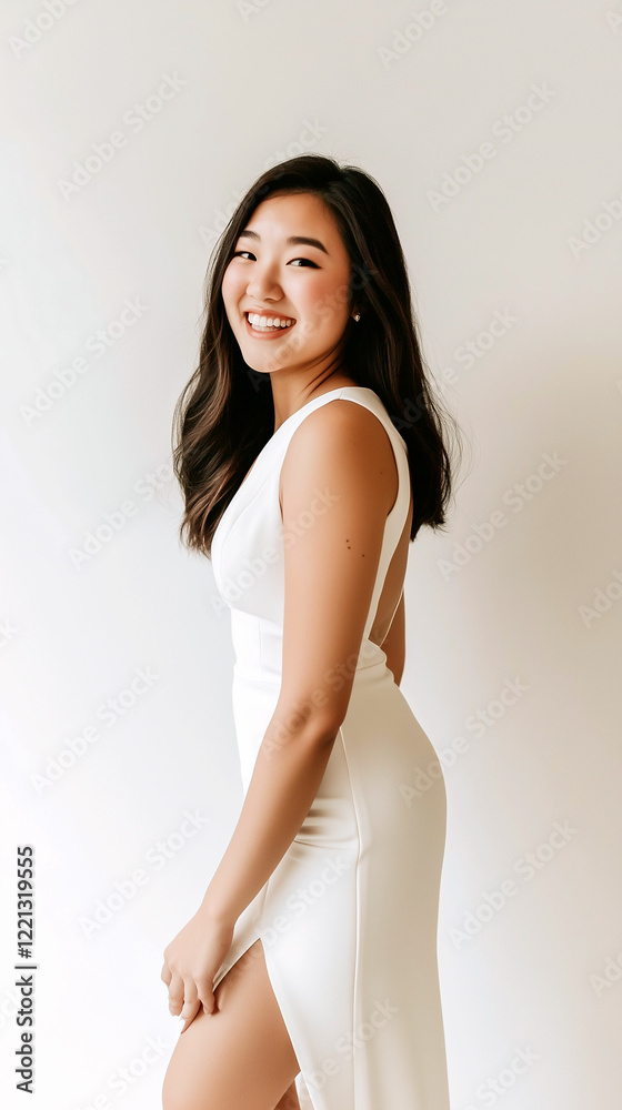 Elegant bride in a column-style wedding dress smiling joyfully at the camera indoors. Elegant bride in a column-style wedding dress smiling joyfully at the camera indoors.