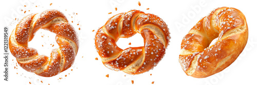 Set of three golden, twisted pretzels with glistening salted crust, captured in various angles for a dynamic presentation photo