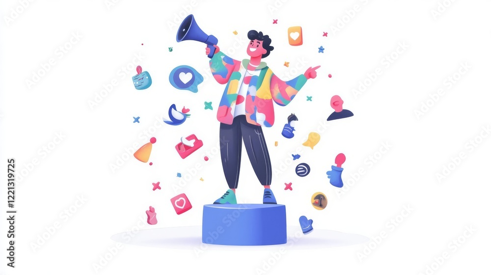 Obraz premium A vibrant character passionately sharing ideas with a megaphone.