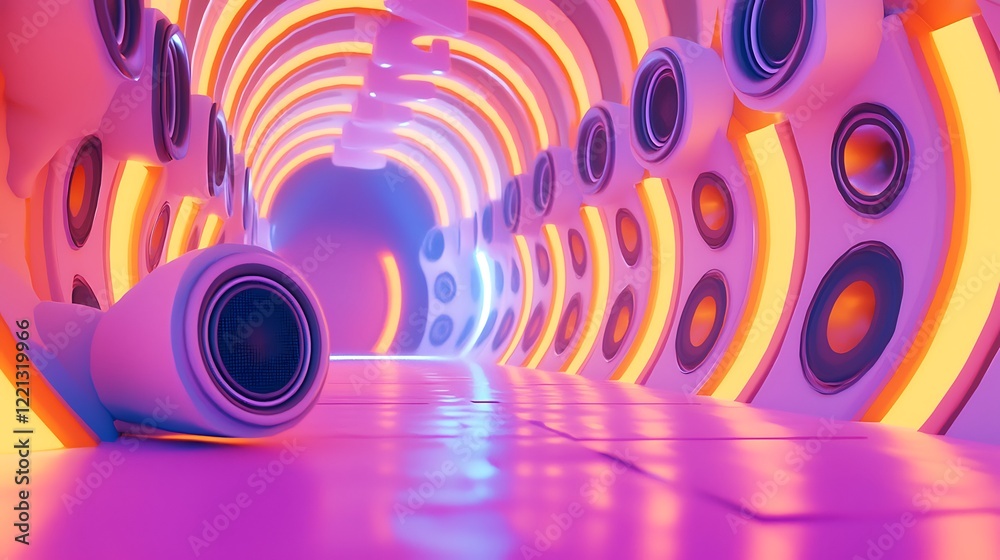 Neon-lit speaker tunnel, futuristic design, vibrant background, music event backdrop