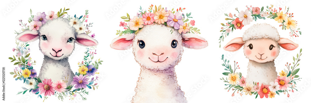 Fototapeta premium Adorable watercolor illustrations of lambs with floral wreaths. Perfect for Easter cards, childrens designs, nursery decor, and spring-themed projects with a soft, charming touch.