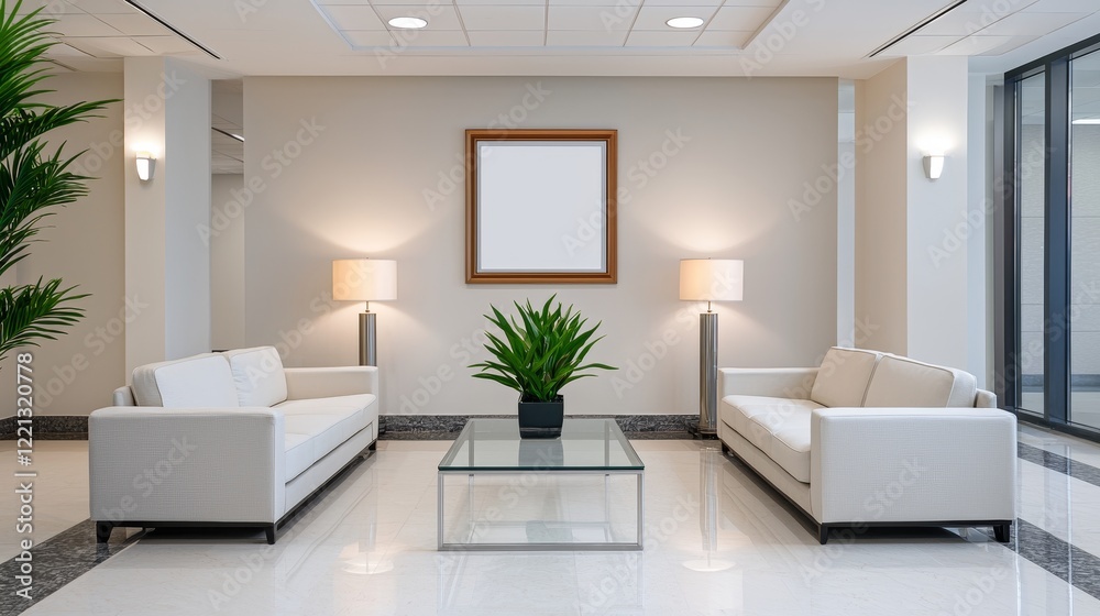 Fototapeta premium A modern, minimalist lounge featuring two white sofas, a glass table, green plants, and a blank framed artwork.