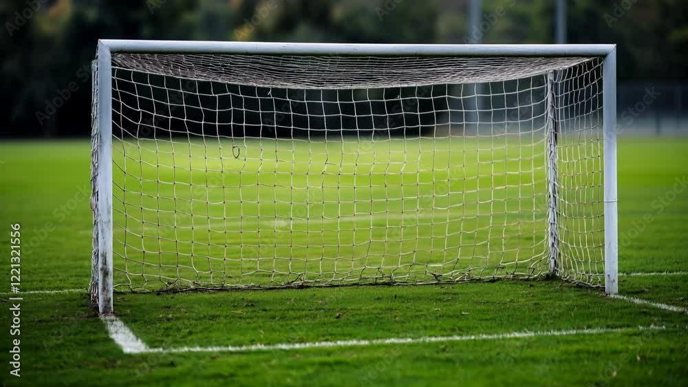 Soccer goal spinning slowly across verdant playing field, showcasing athletic precision and sporting passion