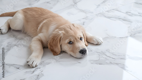 Adorable golden retriever puppy resting on a marble floor.  Sweet and innocent expression.