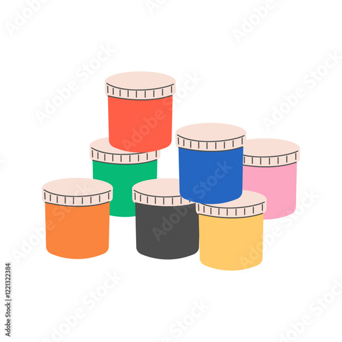 Gouache paint set in jars: red, green, orange, black, blue, yellow, pink. Isolated on a white background. Flat vector illustration.