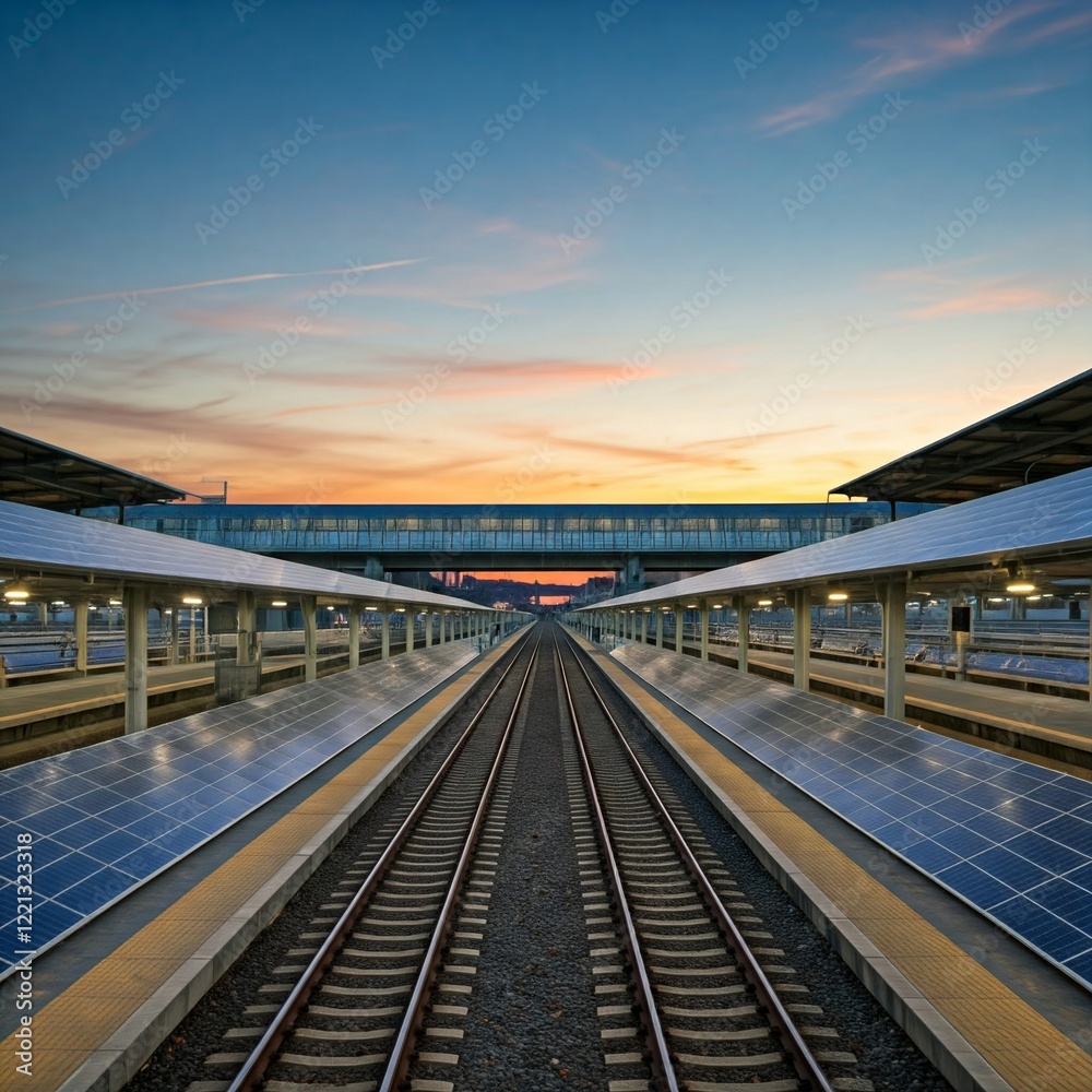 A hydrogen-powered train station glowing softly under twilight skies.
A hydrogen-powered train station glowing softly under twilight skies.