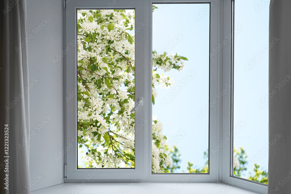 Fototapeta premium View from the window on the garden plum trees in blossom.