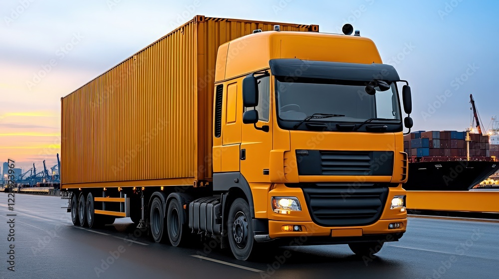 Big Rig on the Move: A vibrant yellow semi-truck, carrying a large shipping container, speeds down a highway at dawn, showcasing the power and efficiency of modern logistics. Big Rig on the Move: A vibrant yellow semi-truck, carrying a large shipping container, speeds down a highway at dawn, showcasing the power and efficiency of modern logistics.