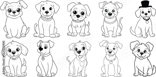 Cute Dog Black and white Line Art Bundle, Dog single line vector art illustration bundle set.