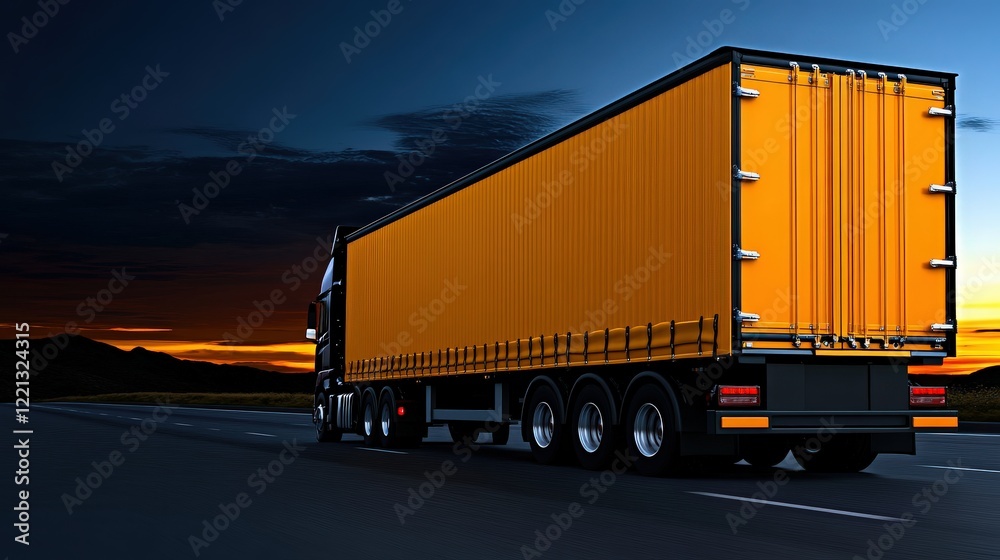 Truck on the Road at Sunset: A powerful semi-trailer truck with a yellow canvas trailer cruises along a highway, the setting sun casting a warm glow on the horizon. Truck on the Road at Sunset: A powerful semi-trailer truck with a yellow canvas trailer cruises along a highway, the setting sun casting a warm glow on the horizon.