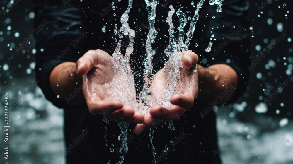 Fototapeta premium Hands cupping water under a dark dramatic background