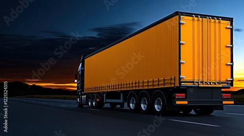 Truck on the Road at Sunset: A powerful semi-trailer truck with a yellow canvas trailer  cruises along a highway, the setting sun casting a warm glow on the horizon.