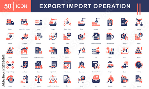 Icons for Export-Import Operations, including shipping, cargo, trade, documentation, customs, tariffs, market strategy, and foreign exchange. Ideal for logistics and international trade projects.