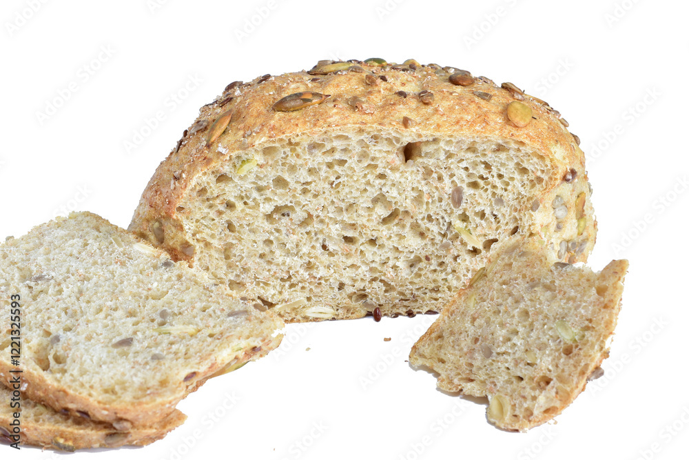 Sliced wheat bread with sesame seeds lies on PNG background. Sliced wheat bread with sesame seeds lies on PNG background.