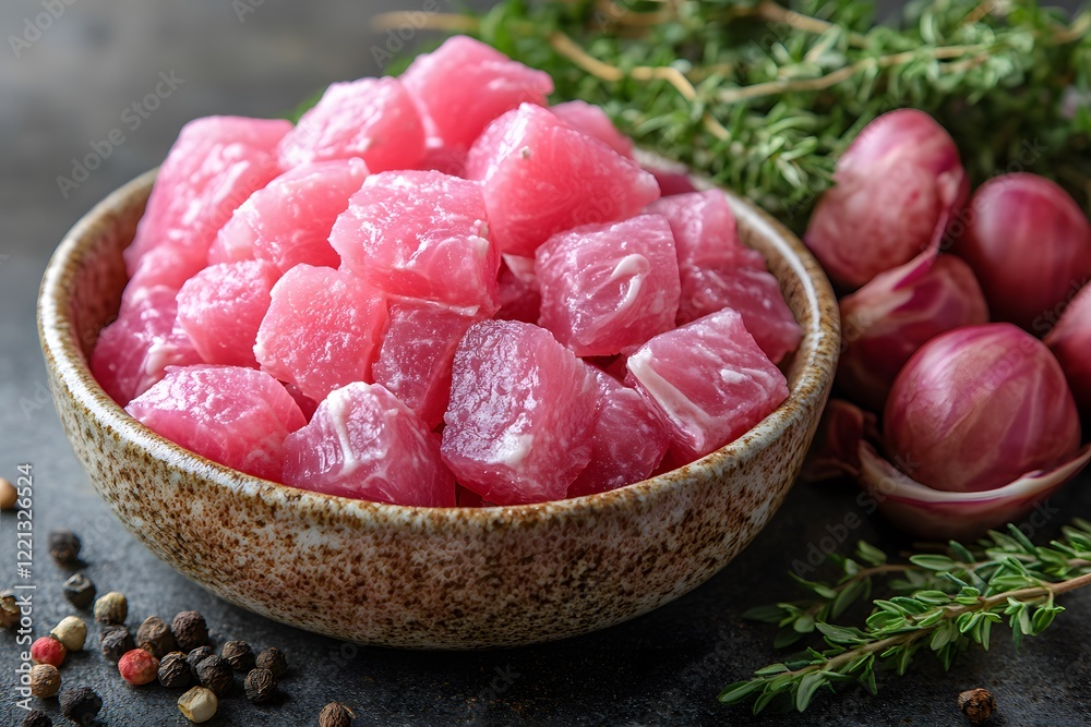 Fresh Raw Pork Cubes in Rustic Bowl with Herbs and Spices for Culinary Use Fresh Raw Pork Cubes in Rustic Bowl with Herbs and Spices for Culinary Use