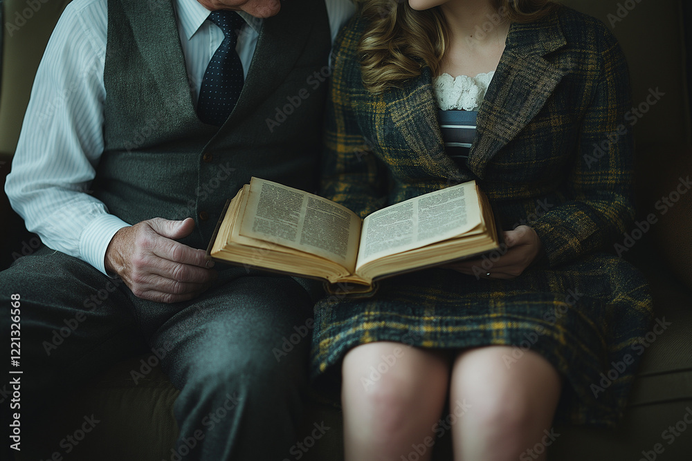 Fototapeta premium Photo d’un couple assis sur un canapé, lisant un livre ensemble sous une couverture confortable, avec une lumière chaude de lampe à proximité