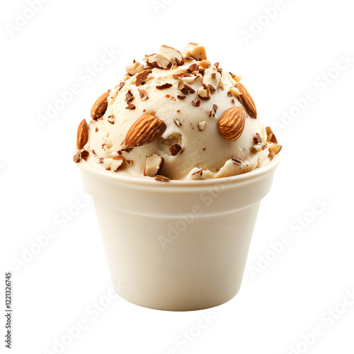 Vegan Almond Caramel Gelato Cup with Nuts Isolated on Transparent Background