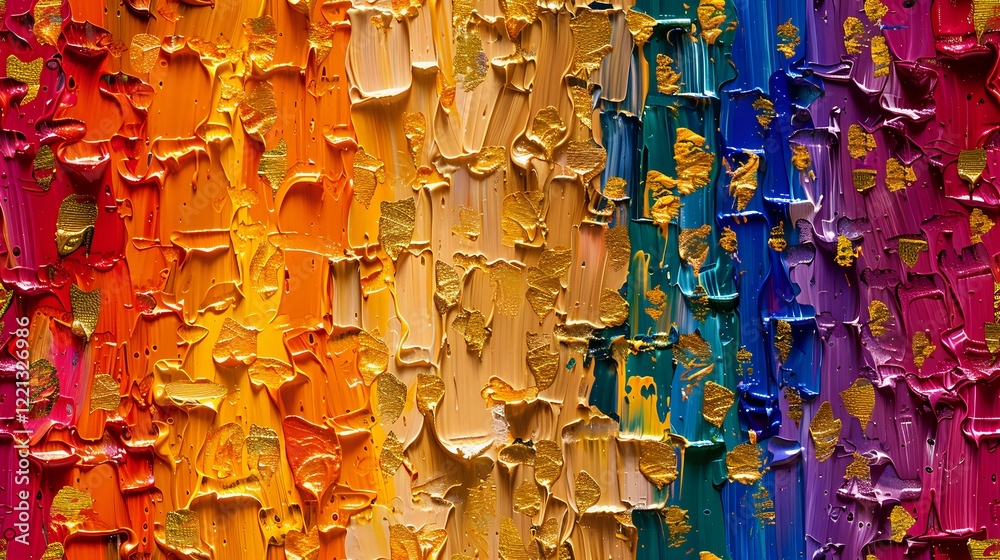 Naklejka premium Vibrant rainbow colored oil paint texture with thick impasto brush strokes creating a dynamic abstract background perfect for creative and artistic designs.