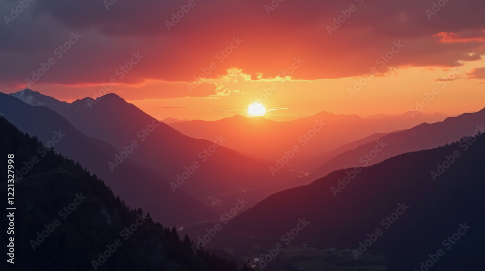 Obraz premium Vibrant hues of orange and pink glow across the sky as the sun sets behind the rugged mountain peaks, creating a breathtaking natural spectacle in the evening