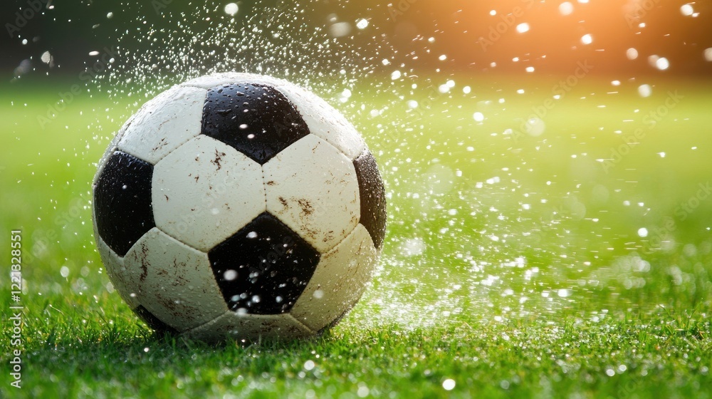 Naklejka premium A soccer ball rolls through water on a lush green field during rainy afternoon training activities