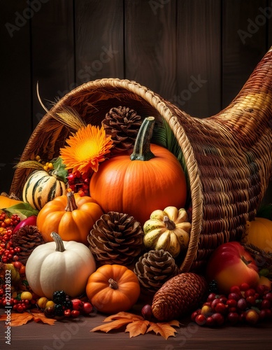 Generated image A Thanksgiving cornucopia centerpiece filled with pumpkins, gourds, and seasonal fruits