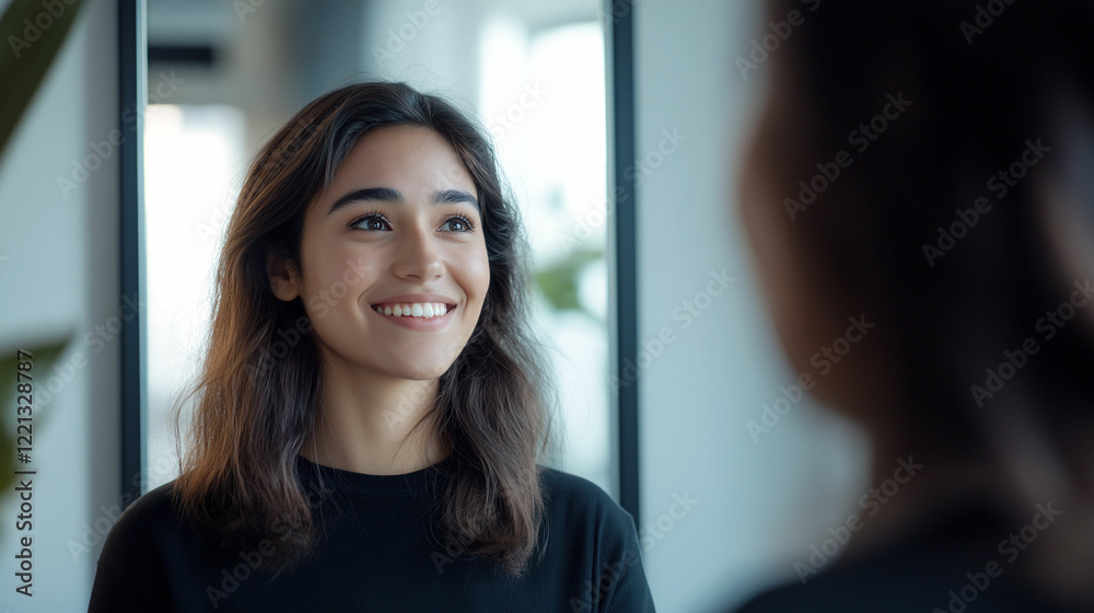 Young woman practices her presentation skills in front of a mirror at a modern office. Generative AI Young woman practices her presentation skills in front of a mirror at a modern office. Generative AI