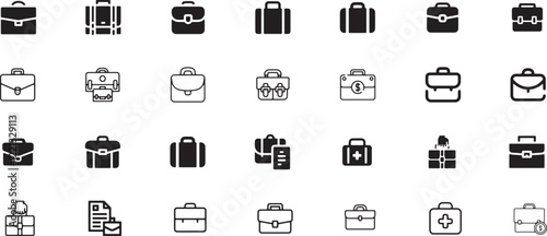 Brifcase icon set, briefcase, business, bag, office, work, illustration, design, vector, background, isolated, professional, case, baggage, suitcase, job, document, icon, finance, black, portfolio.