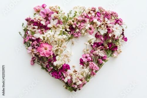 A beautiful heart-shaped wreath crafted from colorful flowers rests on a pristine white surface.