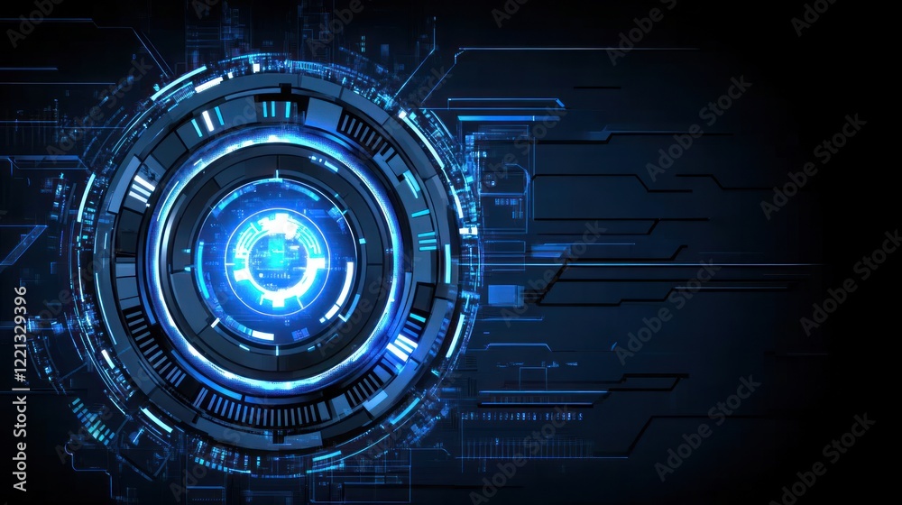 Glowing blue circular patterns interact with complex circuitry on a dark digital interface display