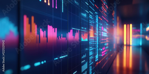 futuristic digital display of colorful financial graphs, charts, and data visualizations in a dark environment. The neon colors create a high-tech and analytical atmosphere photo