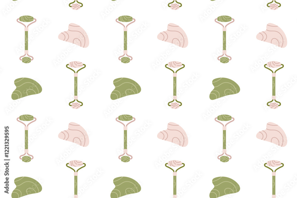 Seamless pattern with gua sha and face roller. Skincare seamless pattern. Vector illustration. Seamless pattern with gua sha and face roller. Skincare seamless pattern. Vector illustration.