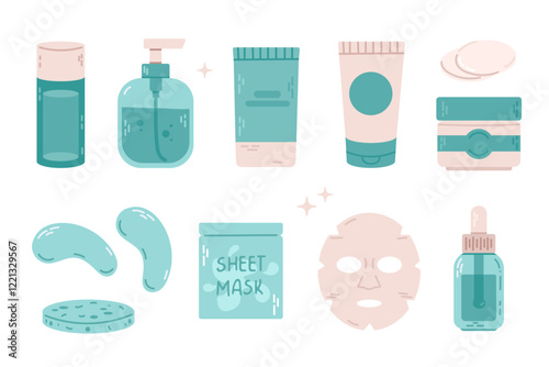 Set of skin care products and accessories. Vector illustration in flat style