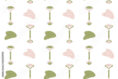 Seamless pattern with gua sha and face roller. Skincare seamless pattern. Vector illustration.