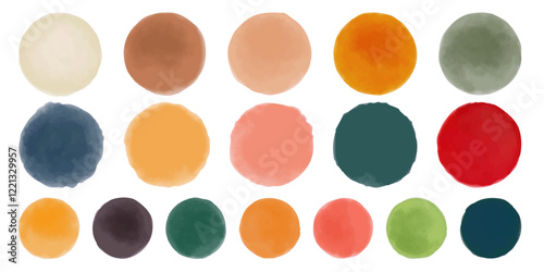 Set of colorful watercolor hand painted round shapes, stains, circles, blobs isolated on white. Elements for artistic design vintage color