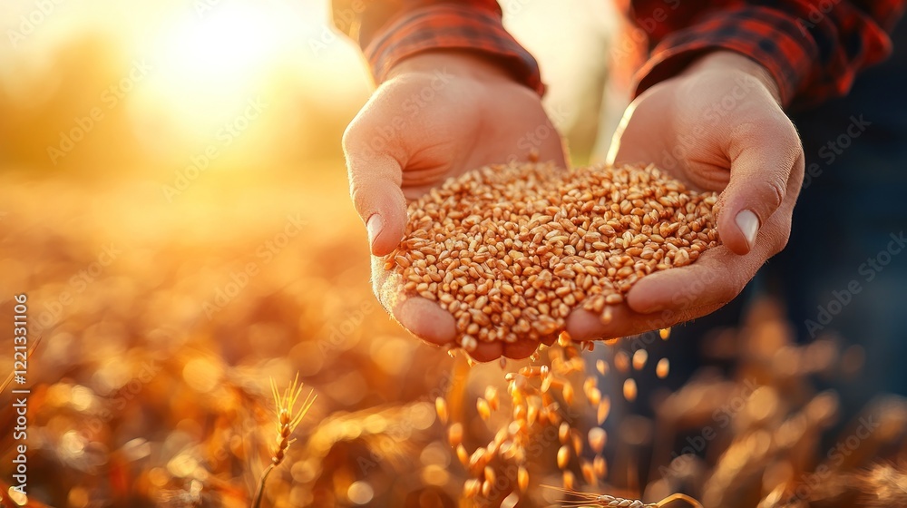 Two hands are pouring wheat seeds in a golden field at sunset, showcasing agricultural abundance Two hands are pouring wheat seeds in a golden field at sunset, showcasing agricultural abundance