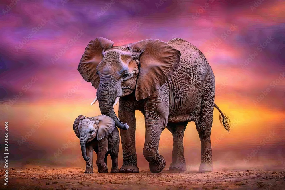Fototapeta premium Baby elephant walking closely to its mother in a vibrant, lush landscape during a stunning sunset, highlighting the beauty of nature and wildlife interaction.