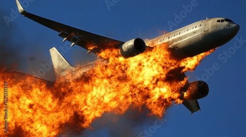 An airplane is engulfed in flames, soaring through the sky above a city photo