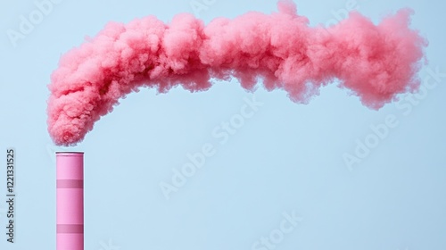 Bright pink smoke rises from a pink chimney under a clear blue sky, creating a striking visual effect